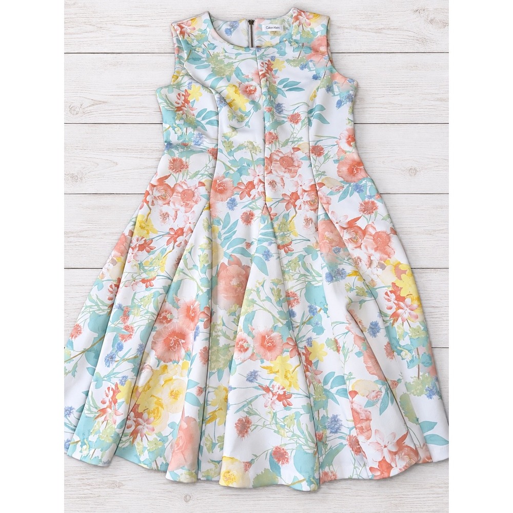 Calvin Klein Dress Floral Sleeveless Scuba Fit Flare Wedding Guest Party 8 4521